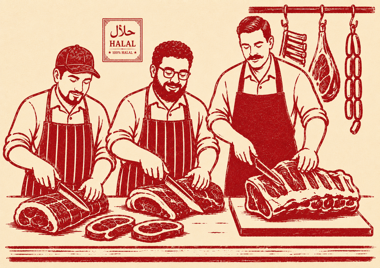 Three halaal butchers at the block