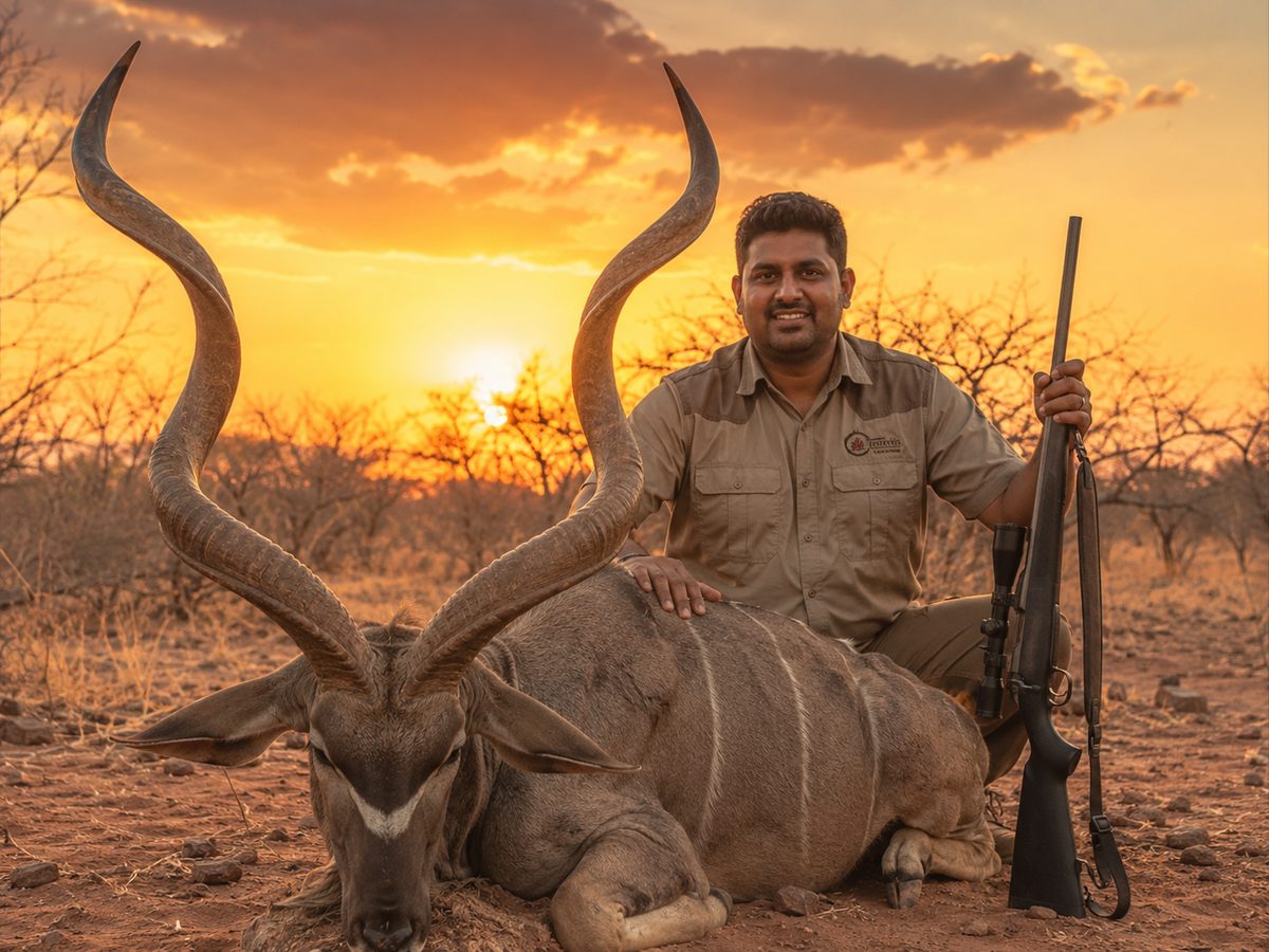 Hunter with a kudu taken on a hunting trip, ready to be halaal-processed by Block and Blade